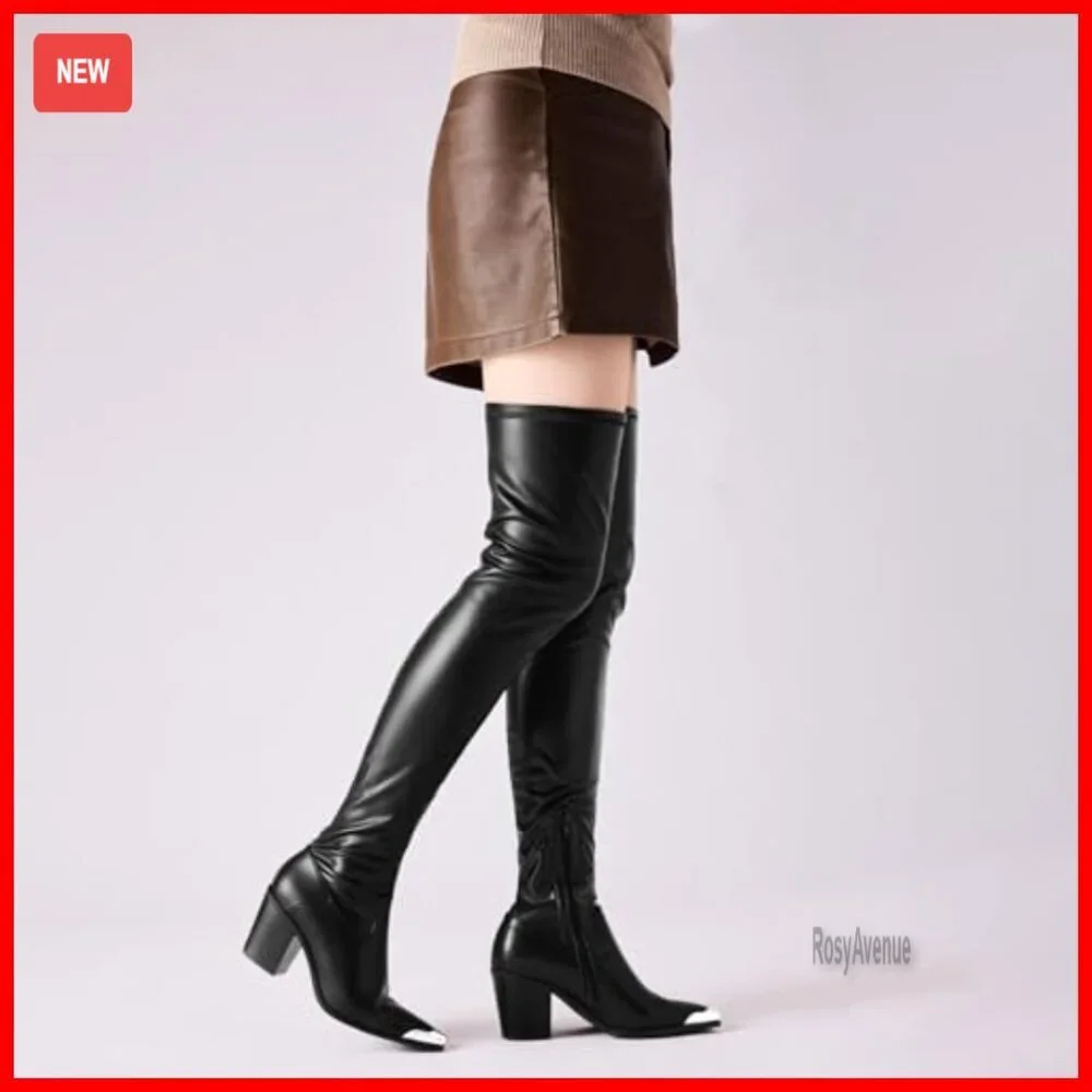 Thigh High Boots PU Leather Chunky Heel Pointed Toe Over Knee Side Zipper